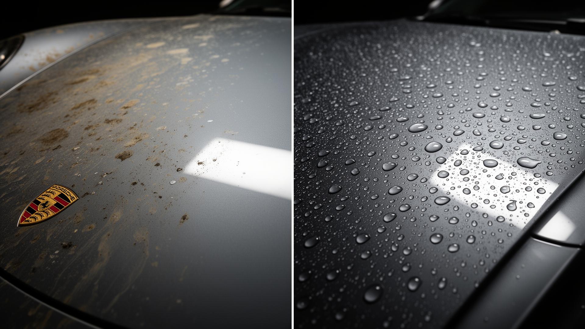 Ceramic-coated black Porsche in an Alpharetta, GA driveway with tight water beading on the hood