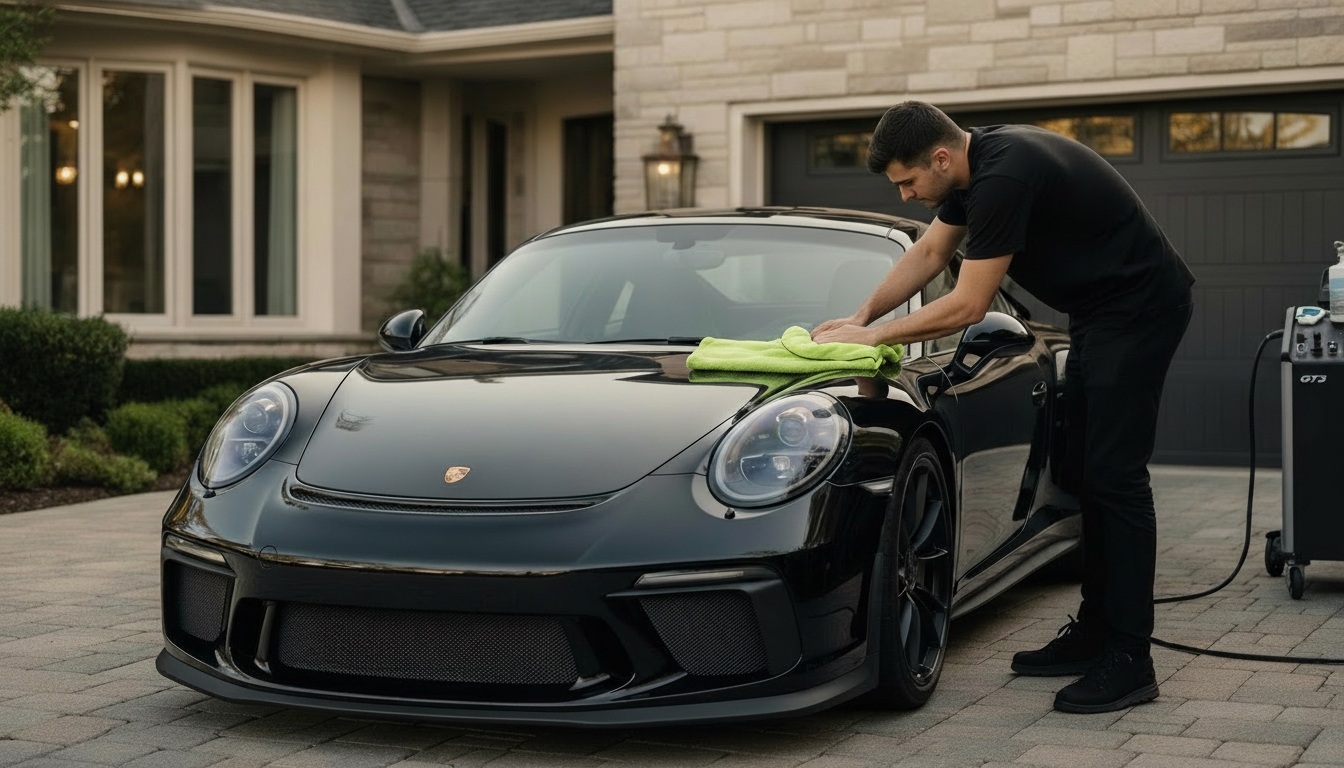 Exotic car detailer working on a Ferrari in a private Atlanta garage